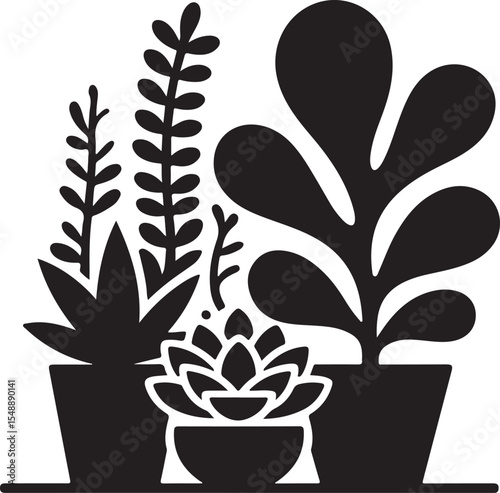 Black Silhouette of Potted Succulents and Plants A Minimalist and Elegant Indoor Garden Featuring Various Unique Shapes and Textures