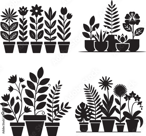 Black and White Silhouette Assortment of Potted Plants Minimalist Botanical Art with Flowers and Leaves in Various Containers for Home Decor