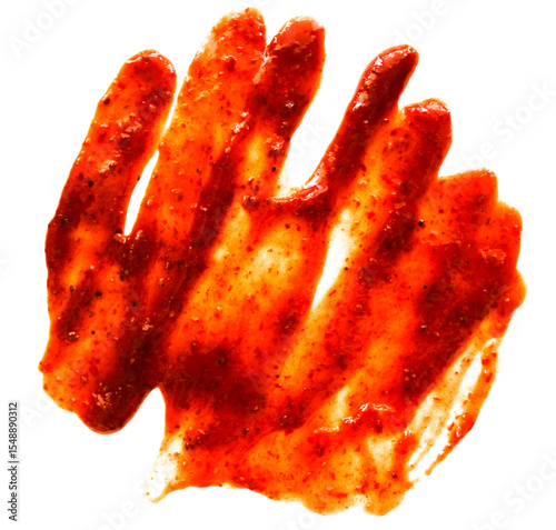 A handprint made with a spicy red sauce, showcasing a vibrant and textured appearance.
