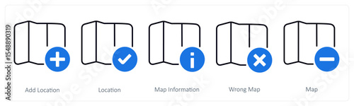 A set of 5 mix icons as add location, location, map information