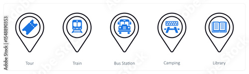 A set of 5 mix icons as tour, train, bus station