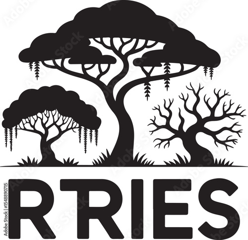 Silhouette Trees and RRIES Logo A Black and White Design Featuring Trees and Bold Text a Nature Inspired Monochromatic Graphic