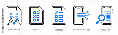 A set of 5 mix icons as speedometer, big data, database