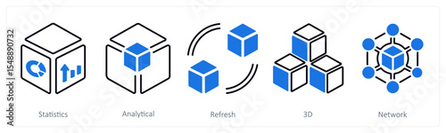 A set of 5 mix icons as statistics, analytical, refresh