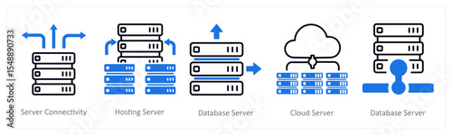 A set of 5 mix icons as server connectivity, hosting server, database server