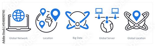 A set of 5 mix icons as global network, location, big data