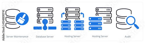 A set of 5 mix icons as server maintenance, database server, hosting server