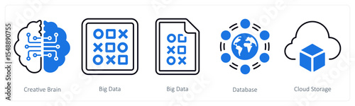 A set of 5 mix icons as creative brain, big data, database