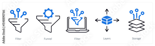 A set of 5 mix icons as filter, funnel, layers