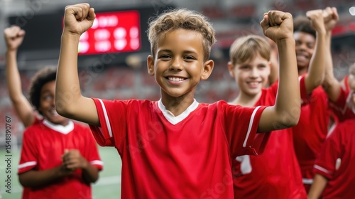 Young soccer players celebrating victory in stadium