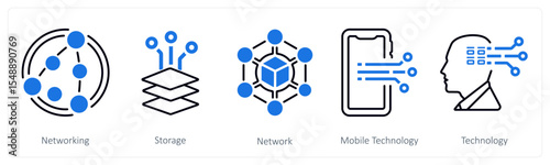 A set of 5 mix icons as networking, storage, network