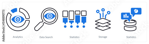 A set of 5 mix icons as analytics, data search, statistics