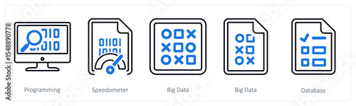 A set of 5 mix icons as programming, speedometer, big data