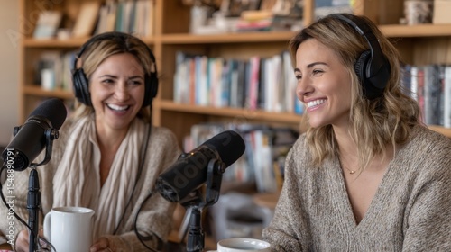 Two young caucasian adult females podcasting with headphones and microphones in cozy library