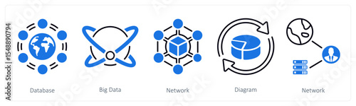 A set of 5 mix icons as database, big data, network