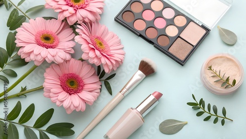 Feminine Beauty Flatlay with Makeup Palette, Pink Flowers, and Cosmetic Essentials on Blue Surface