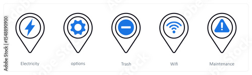 A set of 5 mix icons as electricity, options, trash