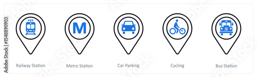 A set of 5 mix icons as railway station, metro station, car parking