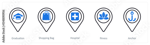 A set of 5 mix icons as graduation, shopping bag, hospital