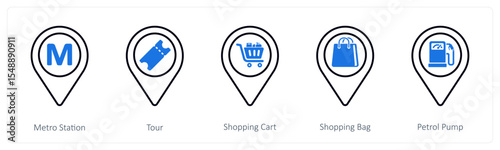A set of 5 mix icons as metro station, tour, shopping cart