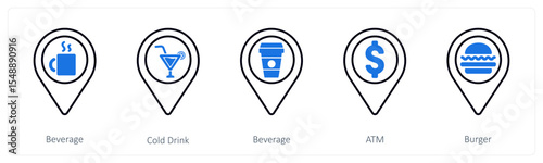 A set of 5 mix icons as beverage, cold drink, beverage