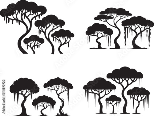 Silhouette of Trees with Unique Shapes and Sizes Creates a Mysterious and Exotic Ambience, Depicting Four Distinct Groups
