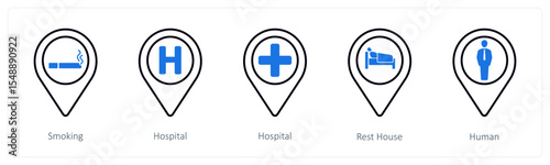 A set of 5 mix icons as smoking, hospital, rest house