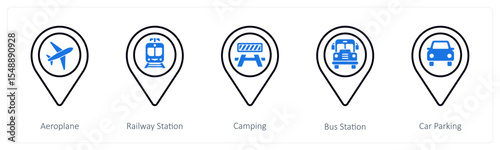A set of 5 mix icons as aeroplane, railway station, camping