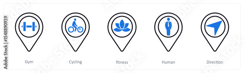 A set of 5 mix icons as gym, cycling, fitness