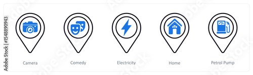 A set of 5 mix icons as camera, comedy, electricity