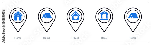 A set of 5 mix icons as home, house, bank