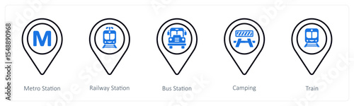 A set of 5 mix icons as metro station, railway station, bus station