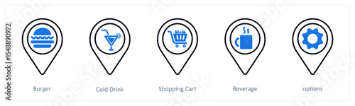 A set of 5 mix icons as burger, cold drink, shopping cart