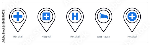 A set of 5 mix icons as hospital, rest house, health care