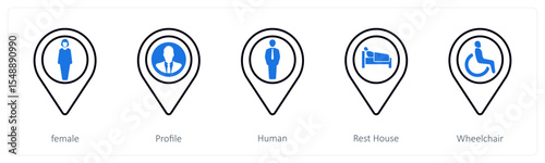 A set of 5 mix icons as female, profile, human