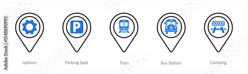 A set of 5 mix icons as options, parking spot, train