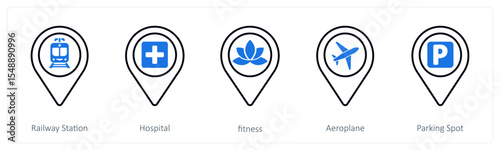 A set of 5 mix icons as railway station, hospital, fitness