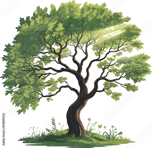A Majestic Tree with Lush Green Foliage and a Gnarled Trunk Bathed in Sunlight Creates a Serene Natural Scene