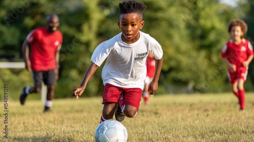 Young soccer player dribbling ball during training on field