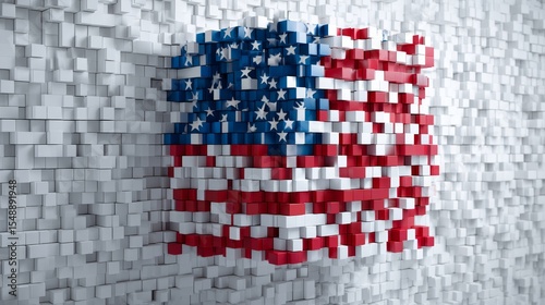 Abstract Representation of American Flag with 3D Cubes on Wall