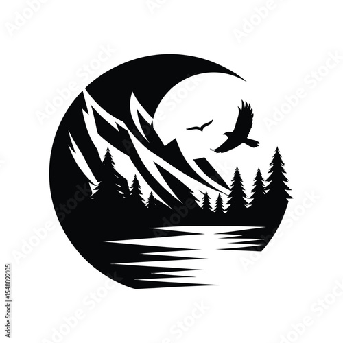 nature scenes vector silhouette clip art logo design illustration. river, tree, mountain abstract collections.