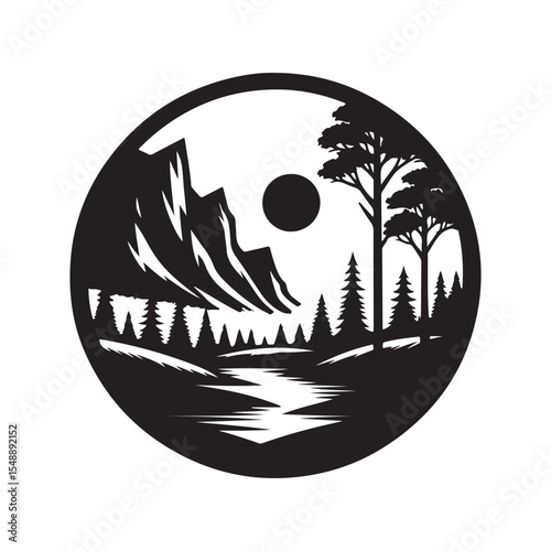 nature scenes vector silhouette clip art logo design illustration. river, tree, mountain abstract collections.