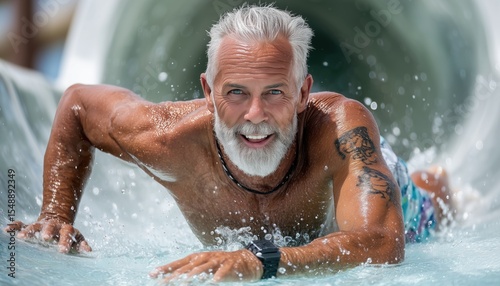 Happy senior man sliding down waterslide in aqua park