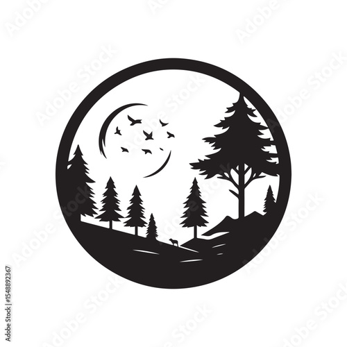 nature scenes vector silhouette clip art logo design illustration. river, tree, mountain abstract collections.