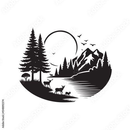 nature scenes vector silhouette clip art logo design illustration. river, tree, mountain abstract collections.
