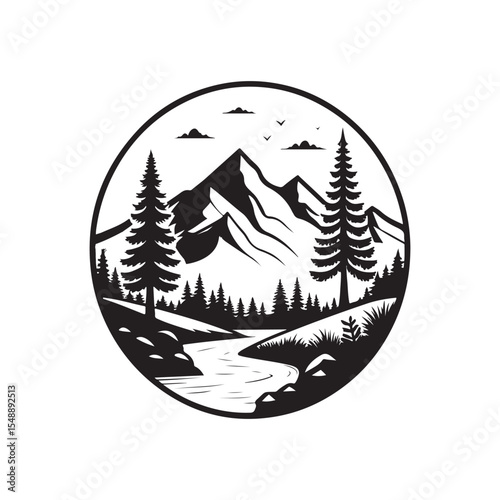 nature scenes vector silhouette clip art logo design illustration. river, tree, mountain abstract collections.