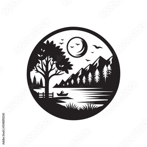 nature scenes vector silhouette clip art logo design illustration. river, tree, mountain abstract collections.