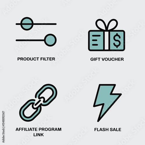 Four teal and black line icons on light gray background illustrating product filter gift voucher affiliate program link and flash sale concepts