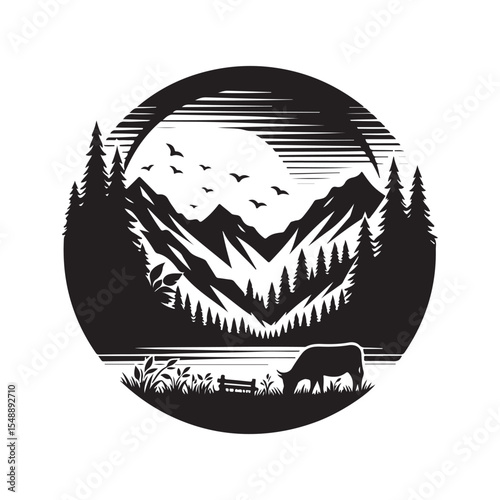 nature scenes vector silhouette clip art logo design illustration. river, tree, mountain abstract collections.