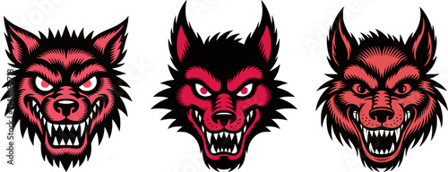 Retro Japanese Werewolf Head Vector Set, Black and Red Vintage Mascot Illustration, Lo-Fi Screen-Print Style, 1960s 1970s Japanese Commercial Art, Sinister Wolf Character Design, Bold Horror Poster 